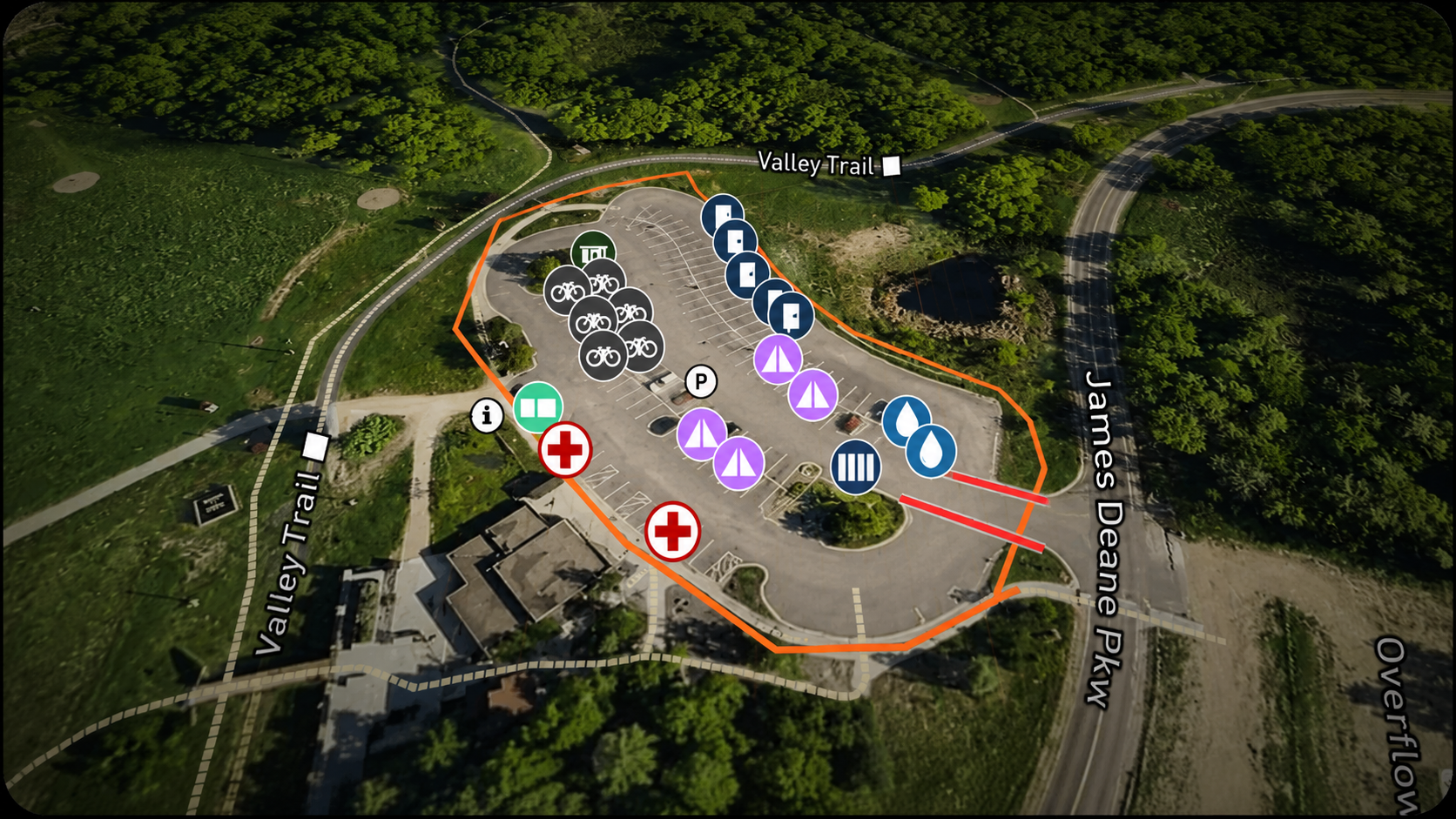GRNDWORK Build Mode map showing 25 placed items including barriers, medical stations, bike parking, and tents on a real venue satellite map