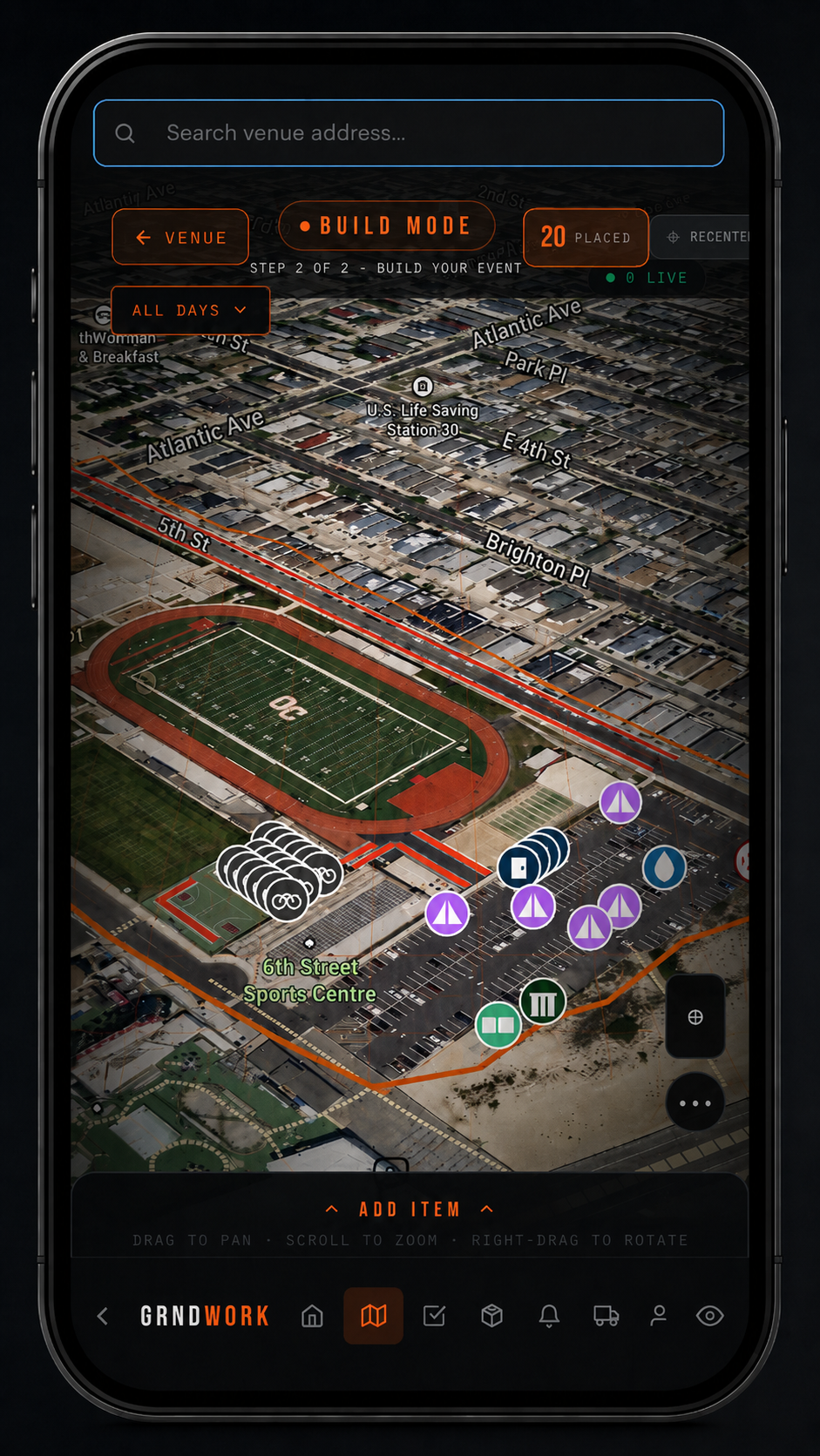 GRNDWORK app on a real phone showing live event coordination
